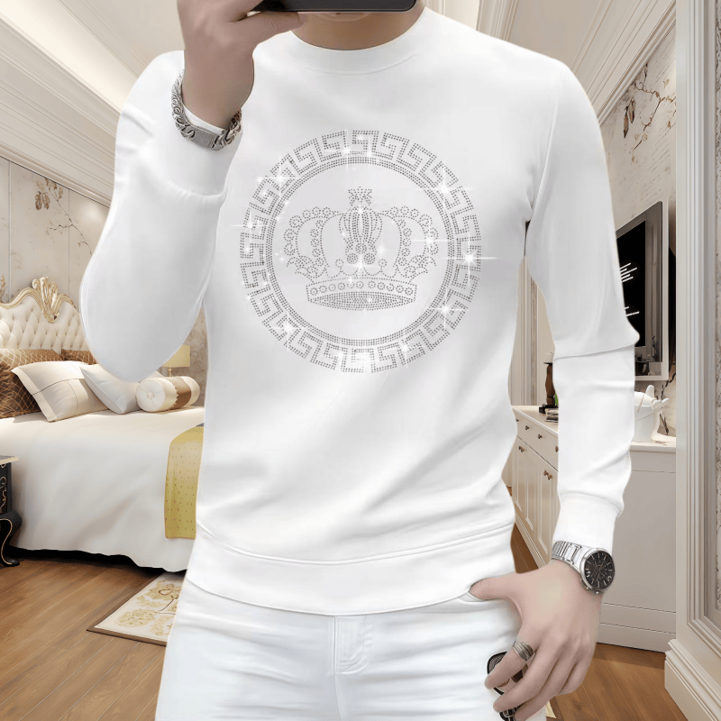 男士长袖卫衣时尚潮流修身圆领休闲百搭秋冬新款高温烫钻上衣外套