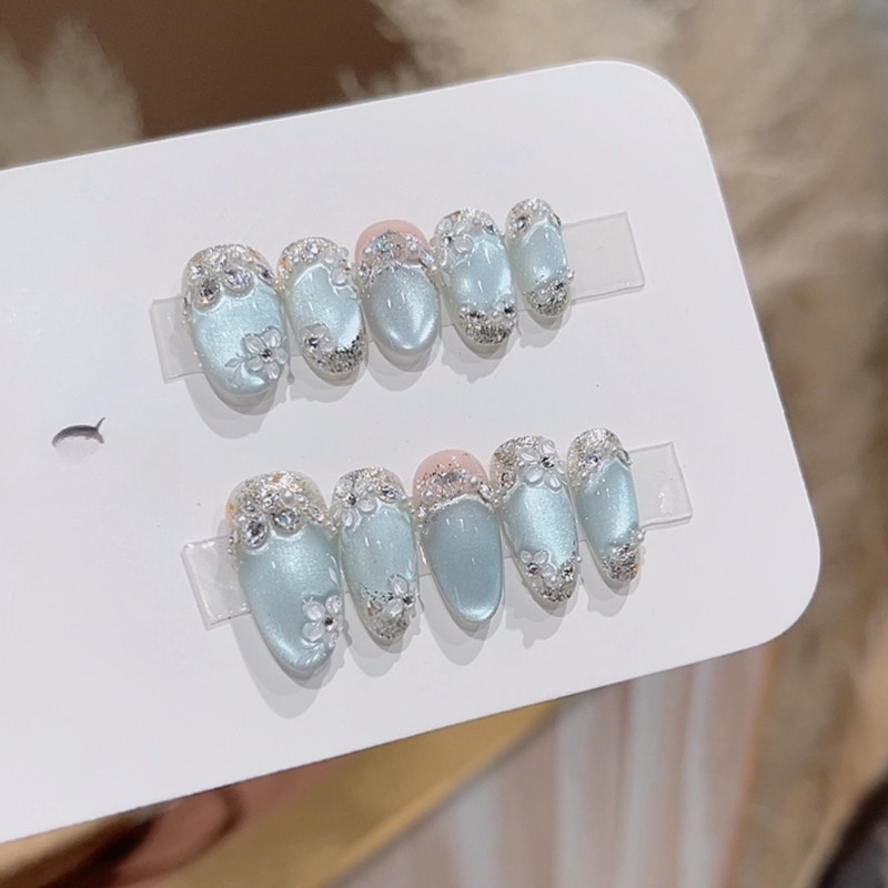 【冰蓝梦境】姐弟纯手工穿戴美甲精致立体雕花拼钻猫眼