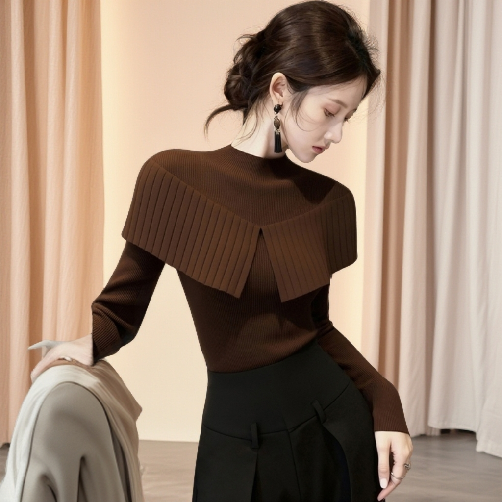 秋季巨好看小众设计感上衣韩系独特漂亮修身显瘦咖色披肩针织衫女