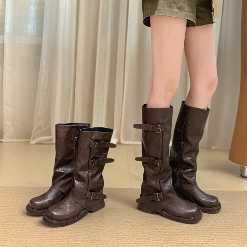 厚底粗跟中长筒靴褶皱皮带扣真皮废土风新款女辣妹堆堆厚底裤管靴