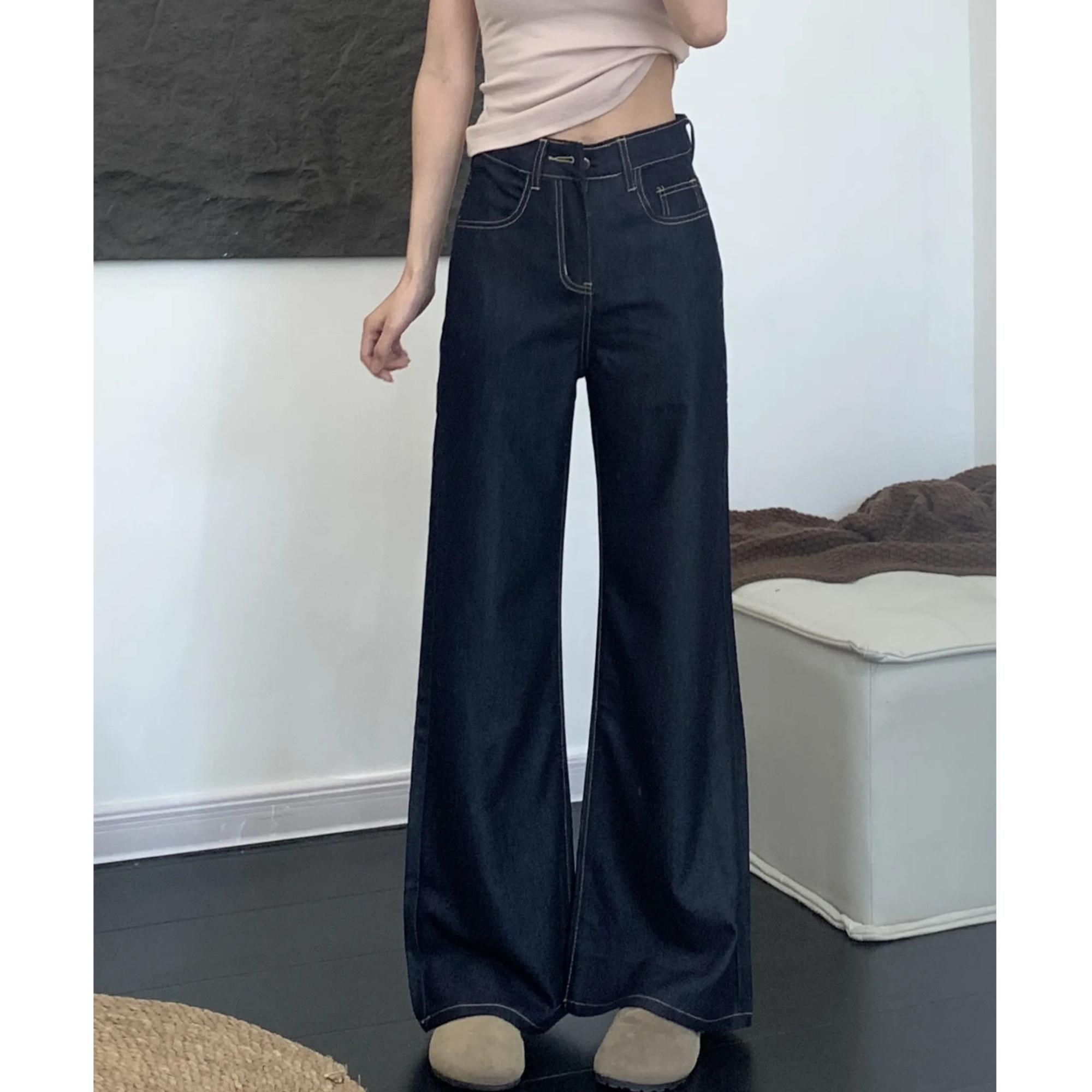 小个子凉凉裤夏季薄款窄版微喇牛仔裤女宽松垂感高腰丹宁蓝拖地裤