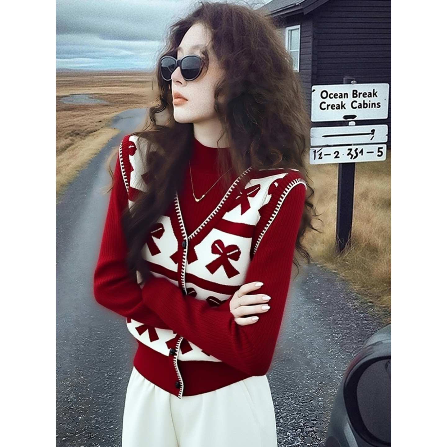 2025冬季独特超好看温柔减龄气质百搭圣诞新年穿搭红色假两件毛衣