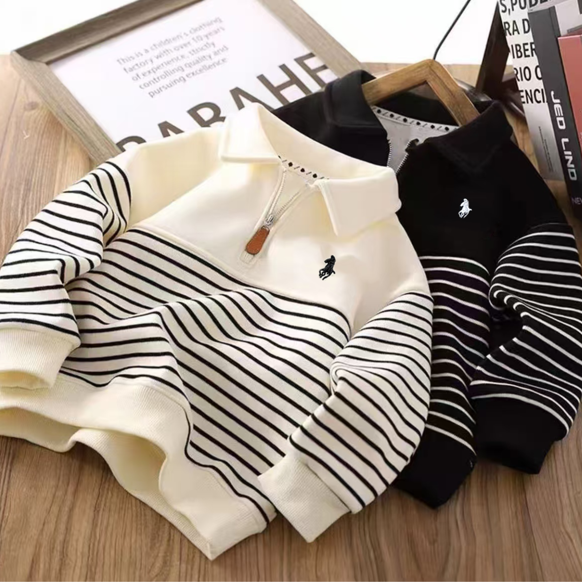 【高定刺绣款】男女宝同款拉链polo领卫衣条纹拼接百搭潮流上衣
