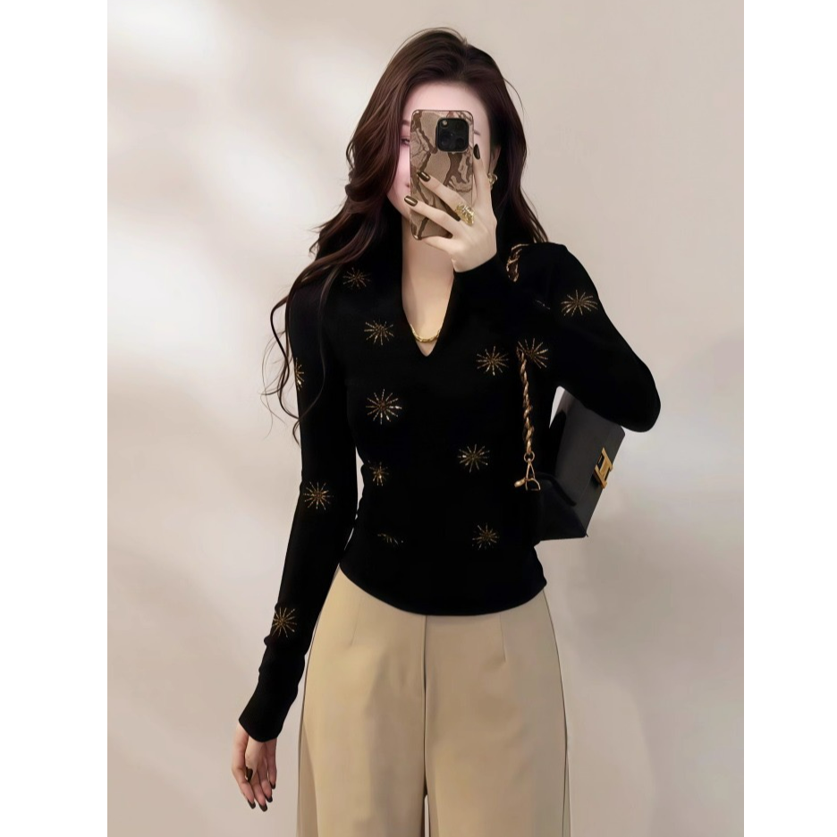 【蜜爷家】秋冬V领重工烫钻上衣6529#