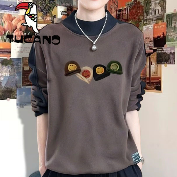 啄木鸟德绒2025ins长袖T恤女秋冬韩版新款时尚加绒宽松打底上衣服