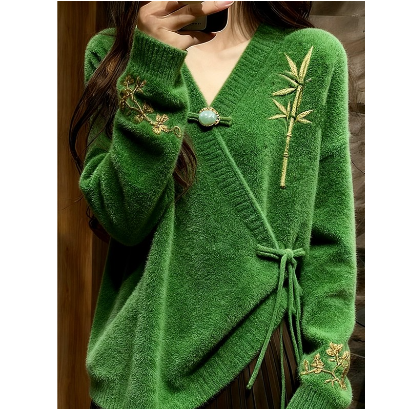 新中式国风高级感绿色盘扣针织衫冬季新款毛衣独特漂亮上衣07487