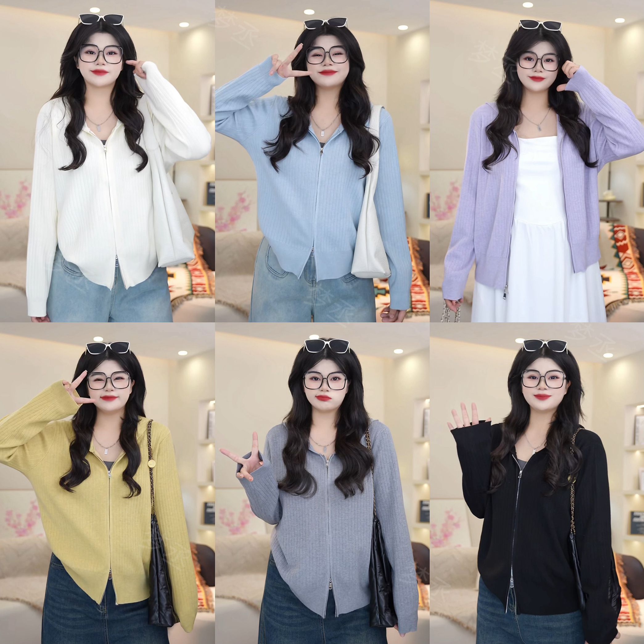 梦丞-胖mm大码女装秋冬V领坑条拉链连帽洋气长袖针织开衫上衣女