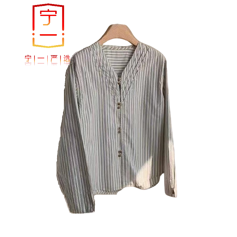 【宁一女装】时尚洋气显瘦纯棉设计条纹长袖衬衫春秋款宽松复古上衣