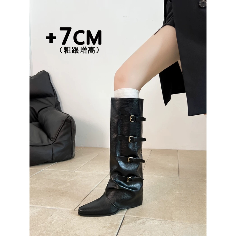 牛皮版2025新款皮带扣裤管靴粗跟靴子长靴女欧美辣妹骑士靴尖头靴