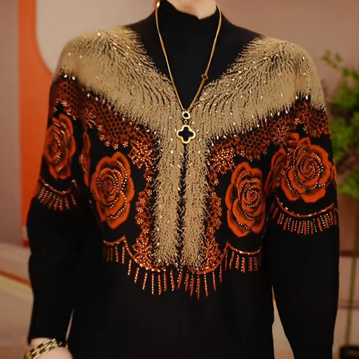 冬季长袖女上衣洋气时髦针织衫中老年妈妈显瘦潮流设计感新款毛衣