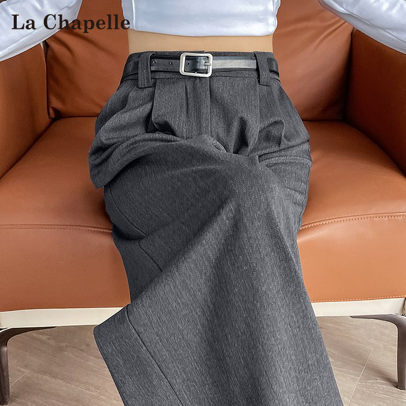 拉夏贝尔灰色西装阔腿裤女春秋季新款小个子高级感垂感窄版直筒裤