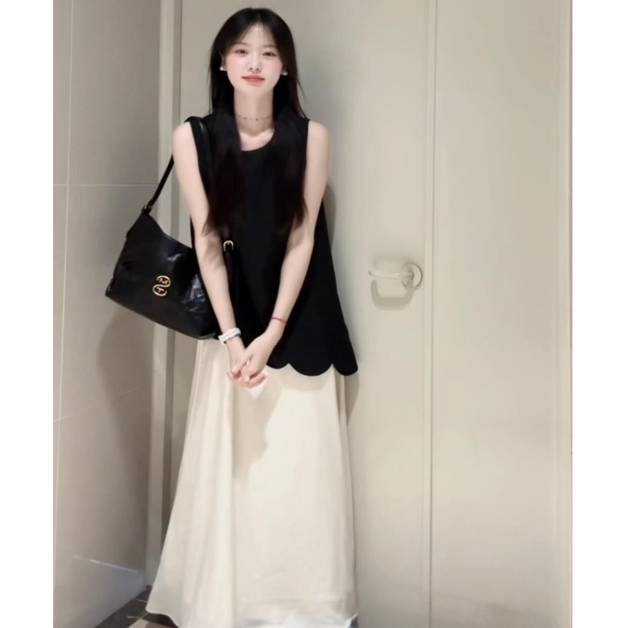 17291【马骑尧】parkyeon轻熟气质名媛无袖背心上衣半身裙两件套装