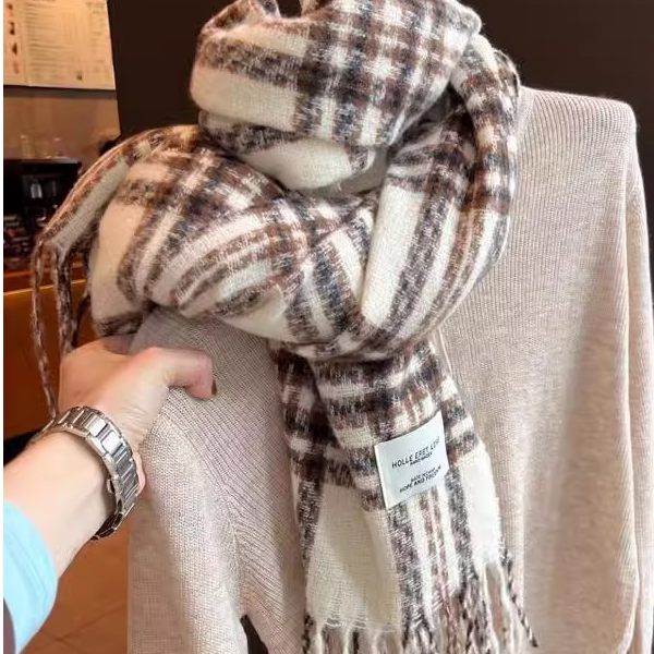 英国CospKosp  冬季米咖拼色条纹格流苏围脖羊绒保暖围巾披肩女生