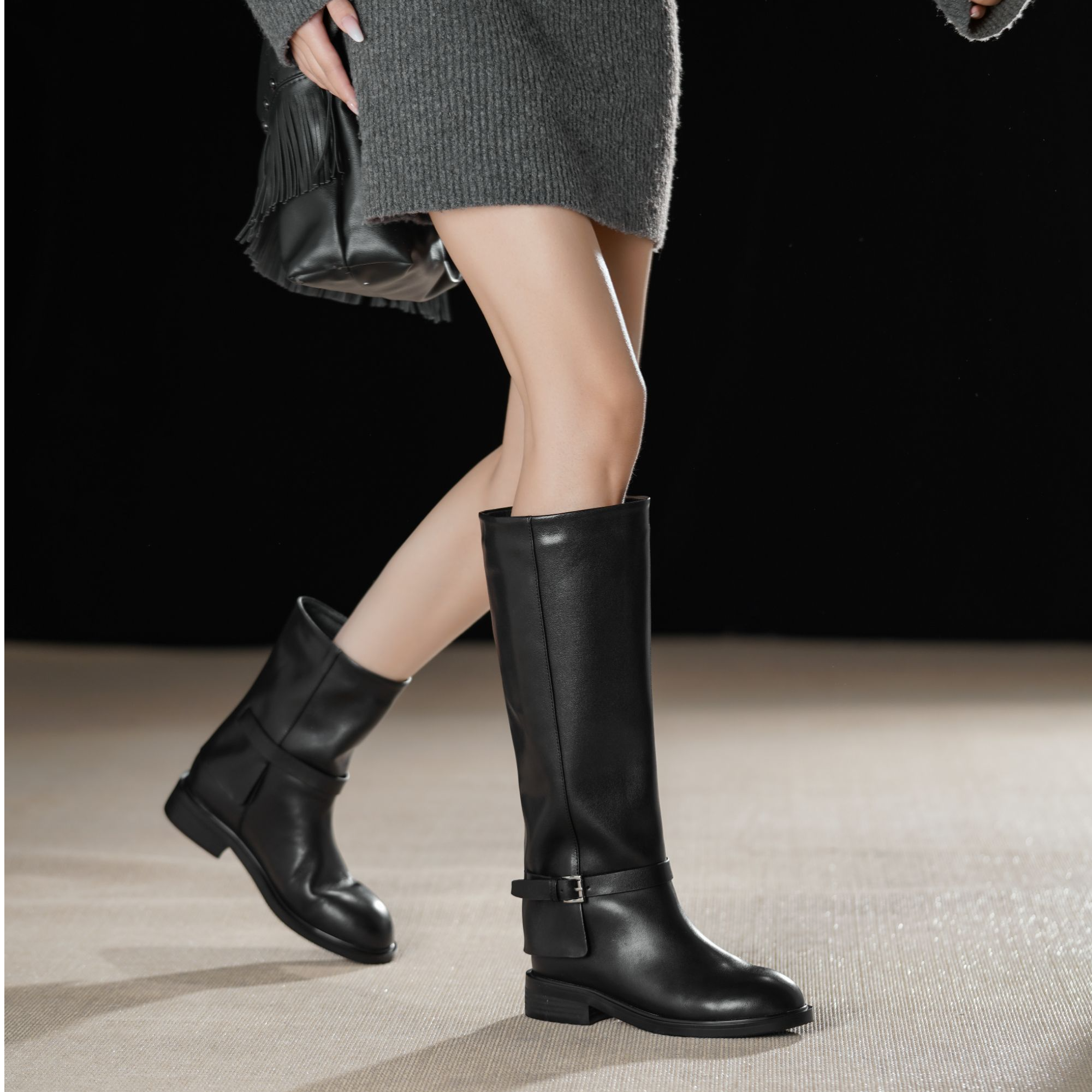 3.5cm【34-43】秋冬季时装靴粗跟靴马丁靴骑士时尚长筒靴中筒靴马靴