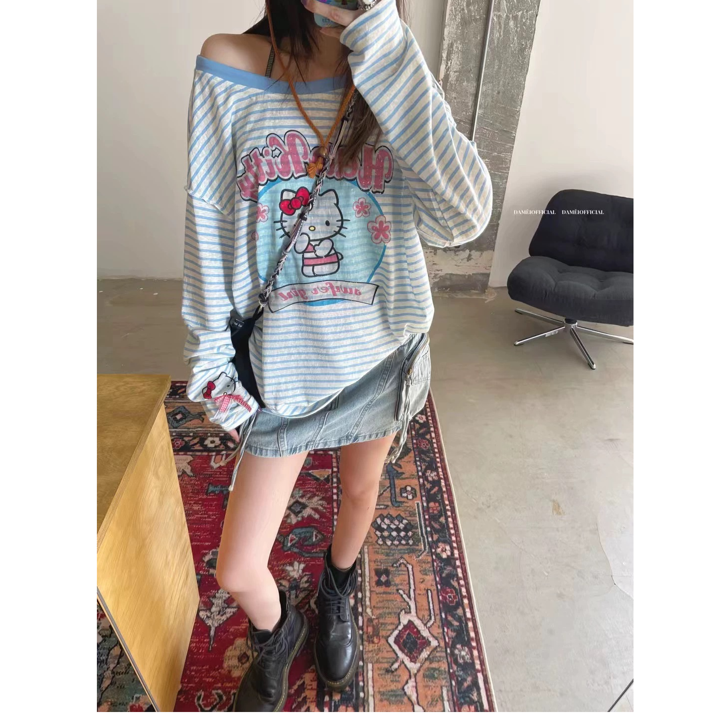 2025夏新款卡通字母宽松微透休闲长袖防晒衫甜美前后两穿kittyT恤