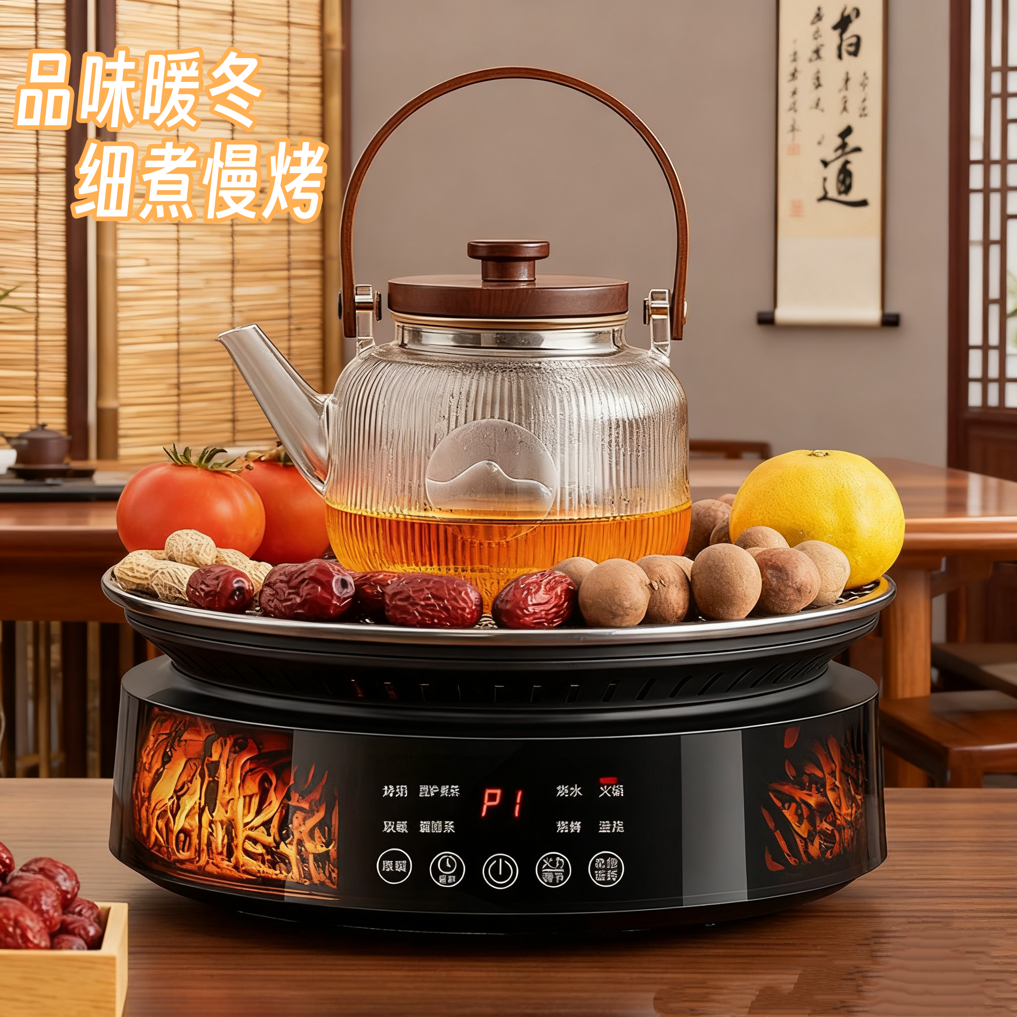 25新款围炉煮茶器具全套家用玻璃烧水养生壶室内烤火套装电陶炉