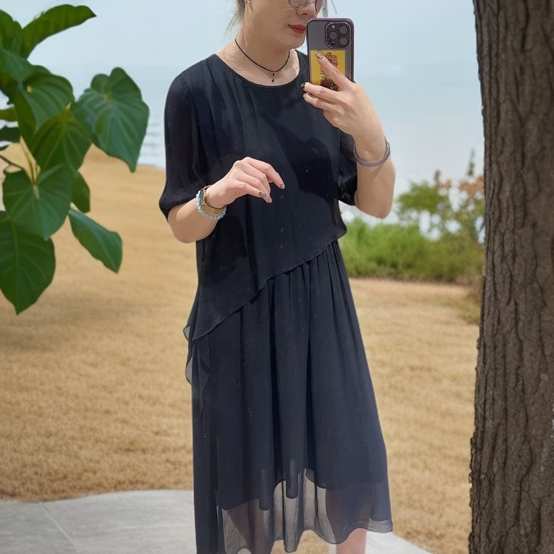 602紫色纯色灯笼袖夏季休闲宽松腰黑色连衣裙长裙裙子