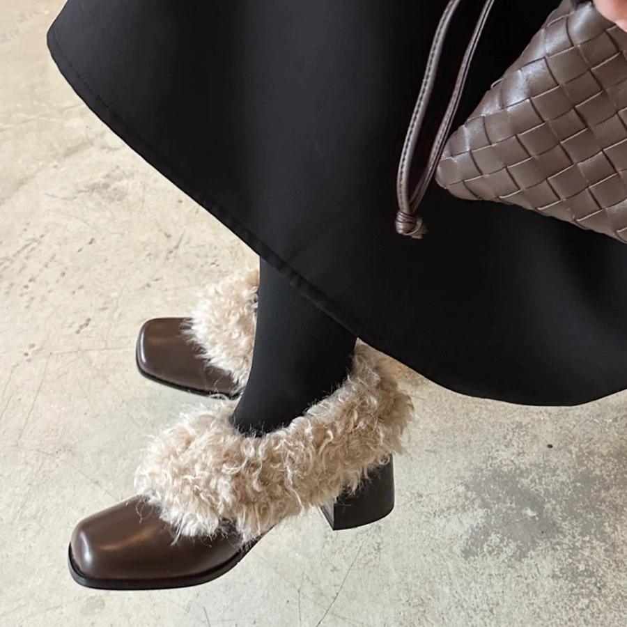 牛皮版~复古高跟毛毛鞋女加绒保暖方头单鞋一脚蹬粗跟小皮鞋棉鞋