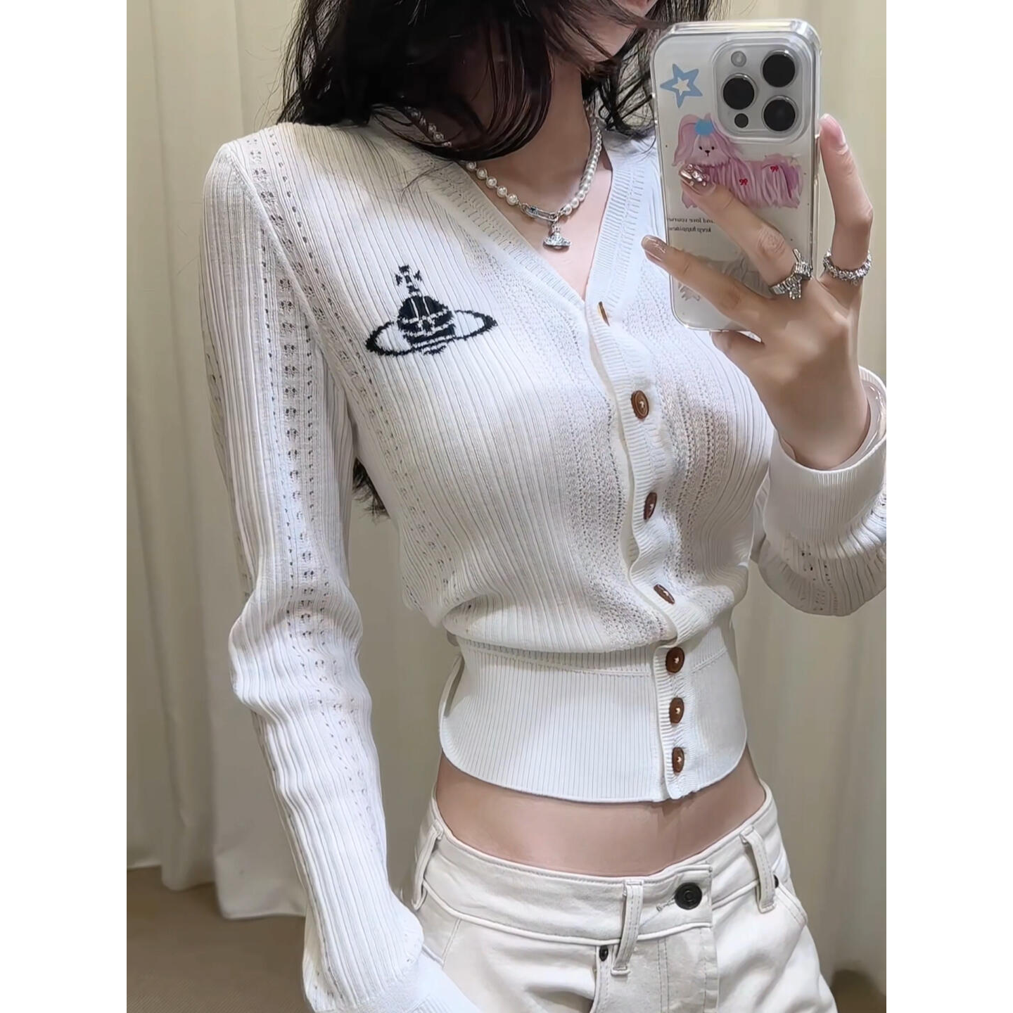 2025秋季新款温柔氛围感镂空V领针织衫上衣搭高腰显瘦阔腿裤套装