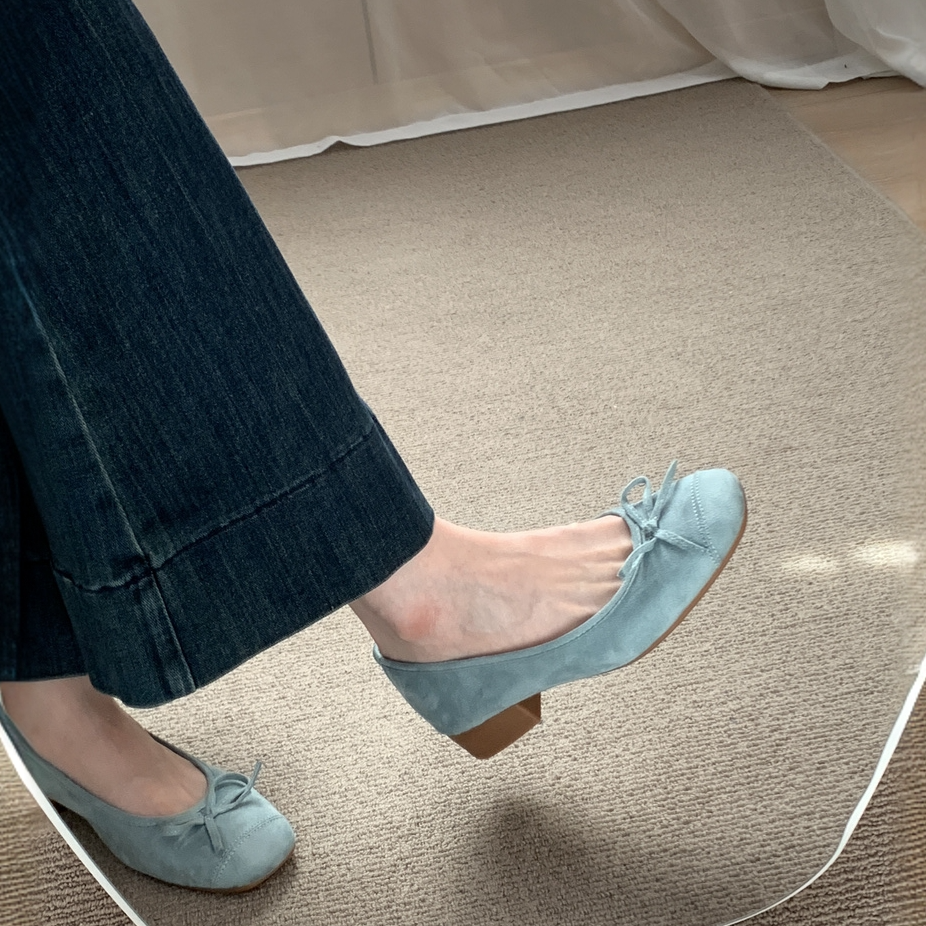 法式浅口粗跟配裙子气质单鞋女2025春秋新款蓝色蝴蝶结一脚蹬瓢鞋