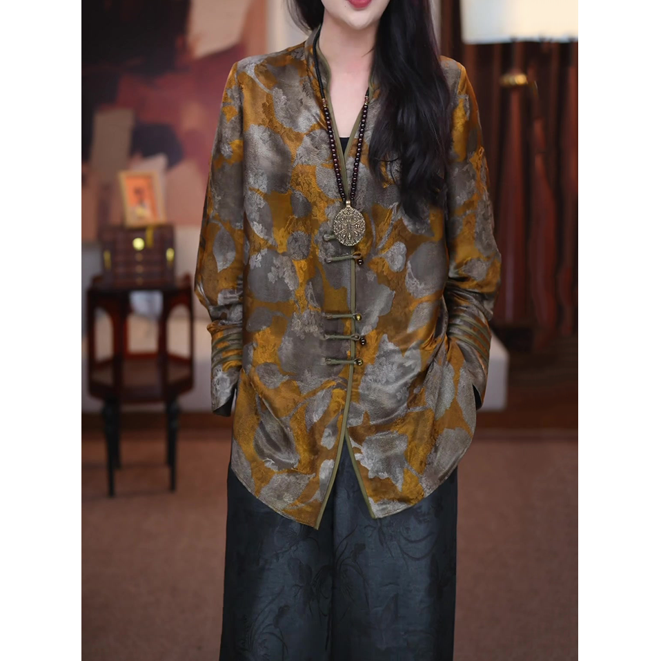 新中式时尚长袖衬衫女2025春秋新款优雅气质宽松显瘦高贵提花衬衣