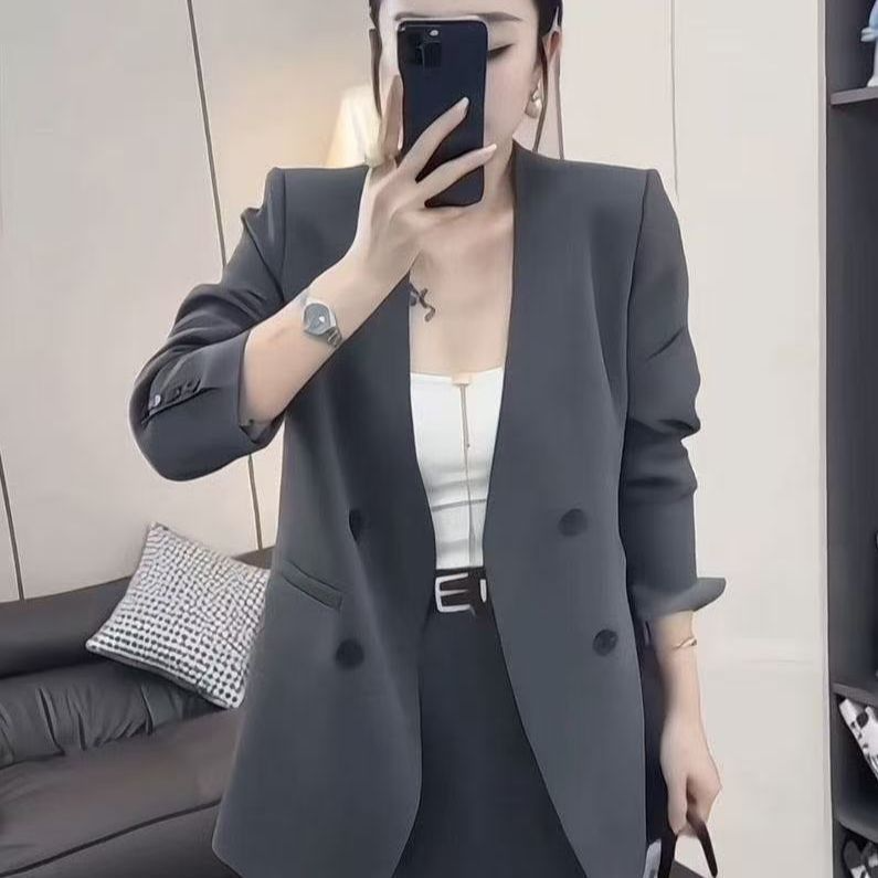 10812025秋新宽松休闲显瘦V领长袖西装外套高腰半身裙洋气两件套