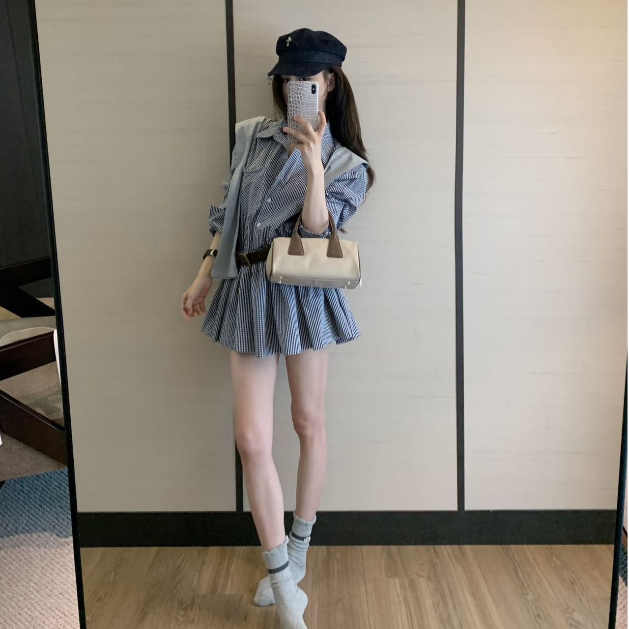 韩系披肩格子衬衫连衣裙女夏季2025新款别致气质收腰显瘦百褶短裙