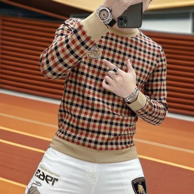 NYING欧洲站秋季时尚上衣套头卫衣男士T恤长袖加绒格子刺绣打底衫