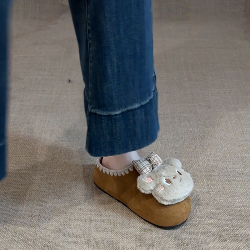 卡通小熊蝴蝶结舒适休闲包头拖女2025秋冬季新款外穿厚底包头拖鞋