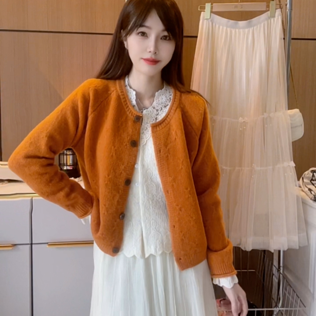 秋冬小香风提花重工开衫甜美温柔百搭韩版保暖加厚针织毛衣外套