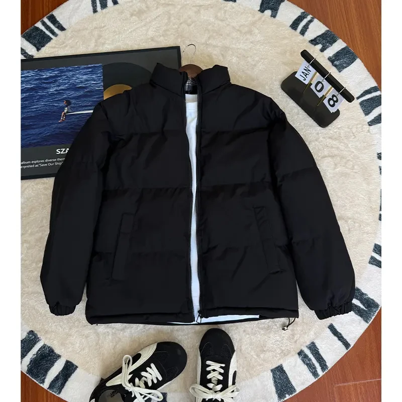 立领潮牌棉衣外套加绒加厚蓝色格子拼接短款棉服潮流男款冬季上衣