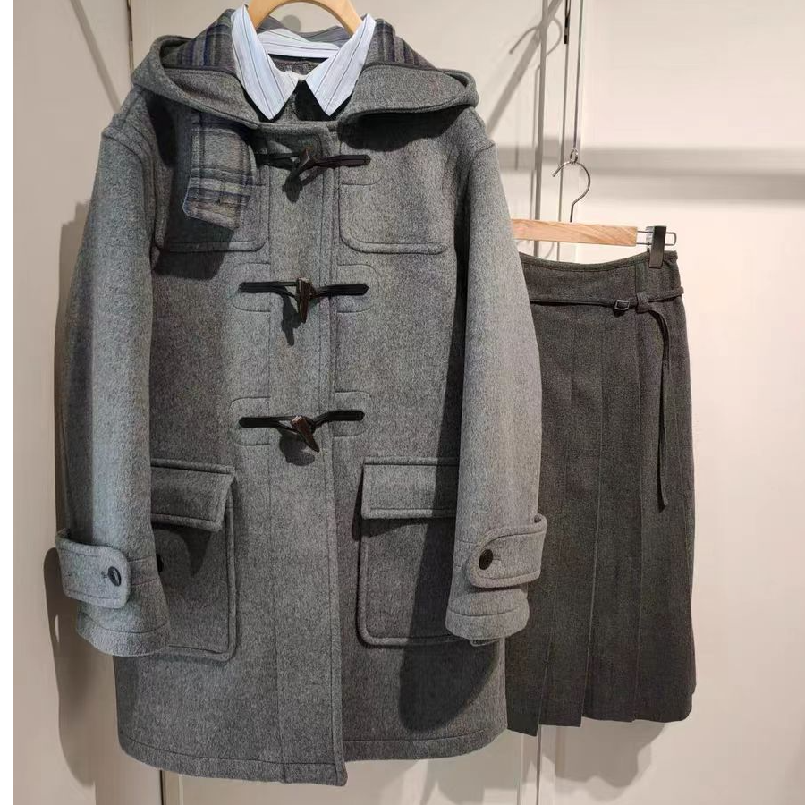 2025秋冬新款双面羊毛大衣女中长款连帽宽松学院风大衣羊毛外套