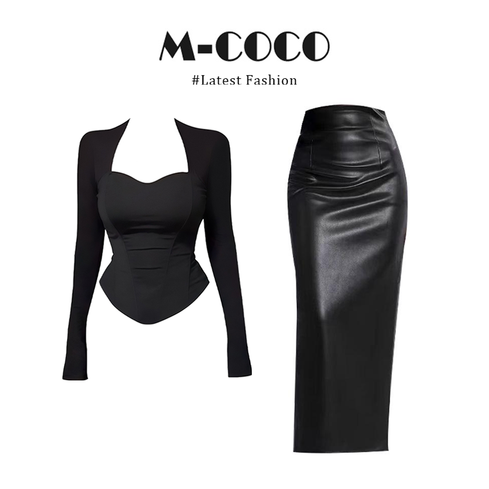 INS CEC韩系辣妹纯欲风方领坎肩长袖上衣包臀半身裙子两件套装女