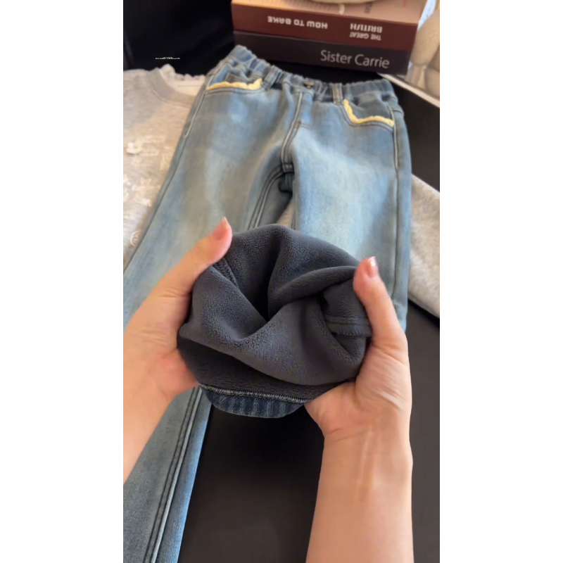 【长腿精】女童加绒牛仔裤秋冬新款中大童一体绒保暖显瘦亲子喇叭裤