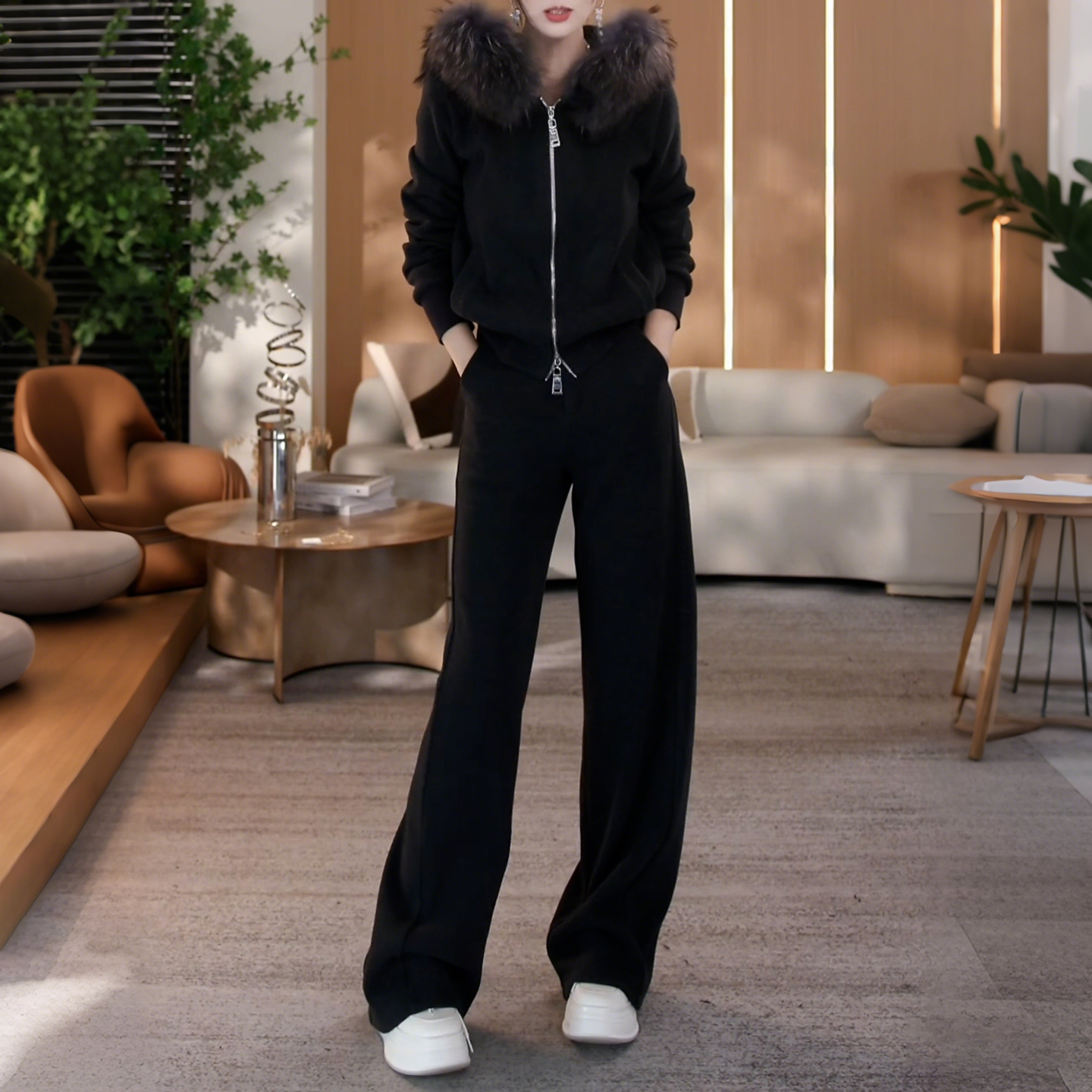 2026超火穿搭一整套毛毛领加绒拉链开衫上外套+阔腿裤休闲两件套