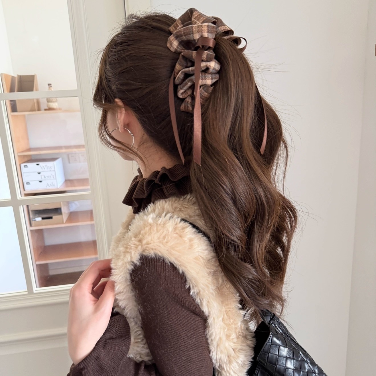 摩卡甜心～韩系复古格纹云朵香蕉夹蝴蝶结飘带减龄学院风马尾竖夹