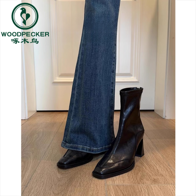 啄木鸟高跟鞋短靴女2025秋冬季新款方头马丁靴黑色法式粗跟瘦瘦靴