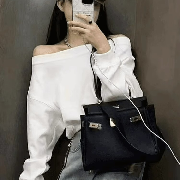 美式白色露肩斜肩卫衣女款2025新款爆款春秋高级感短款一字肩上衣