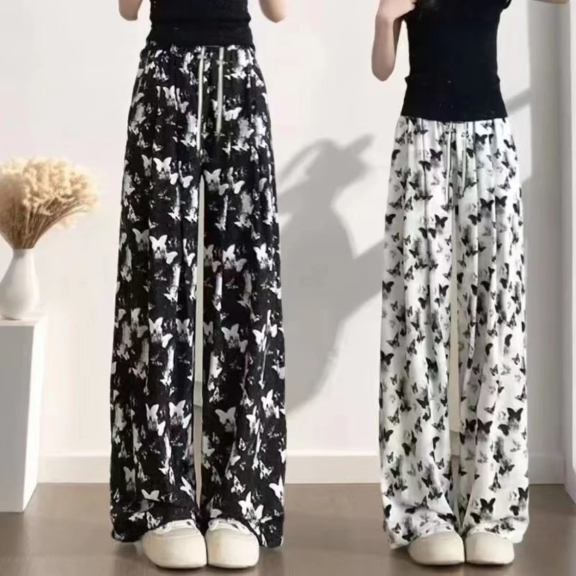 春季冰丝阔腿裤女国风休闲裤垂感扎染泼墨蝴蝶阔腿显瘦直筒裤子