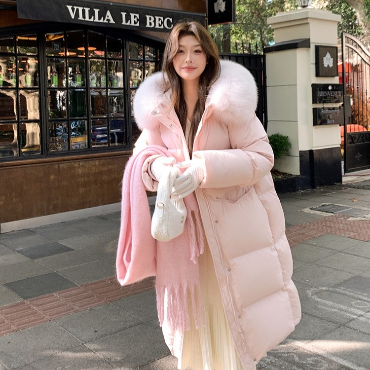 冬季2025新款大毛领中长款加厚时尚棉服女甜美减龄设计感粉色棉衣