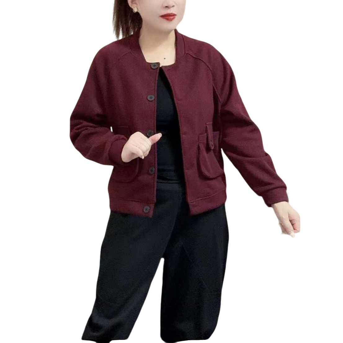 时尚休闲宽松长袖短外套短款立领常规纯色