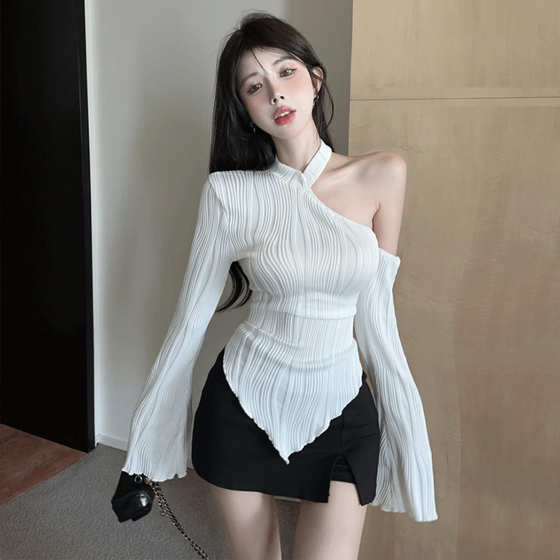 纯欲辣妹性感露肩长袖不规则T恤百搭上衣+半身裙裤时尚减龄两件套