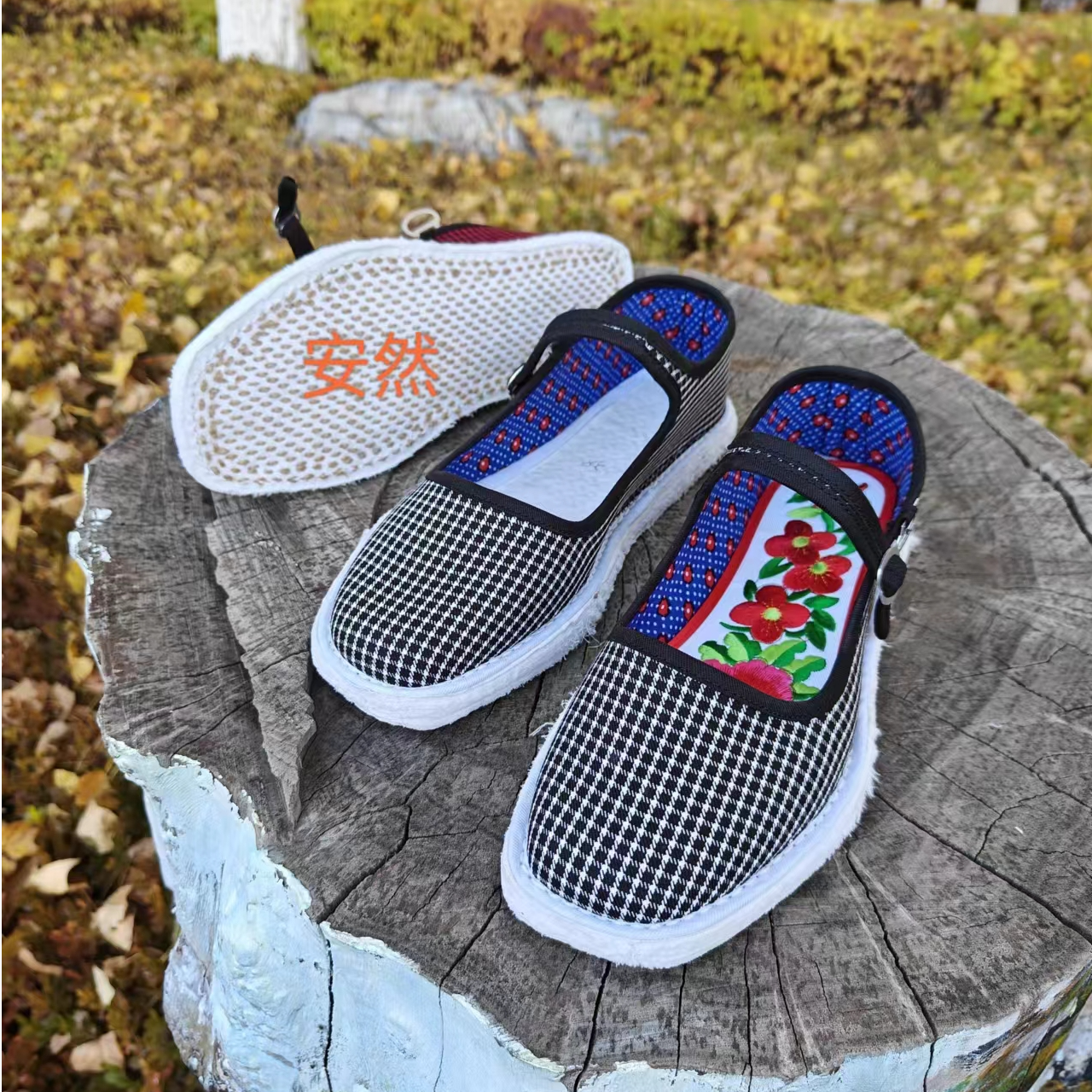 安脚丫~传统麻绳手工纳底千层底~格子方口一带布鞋（送花鞋垫一双）