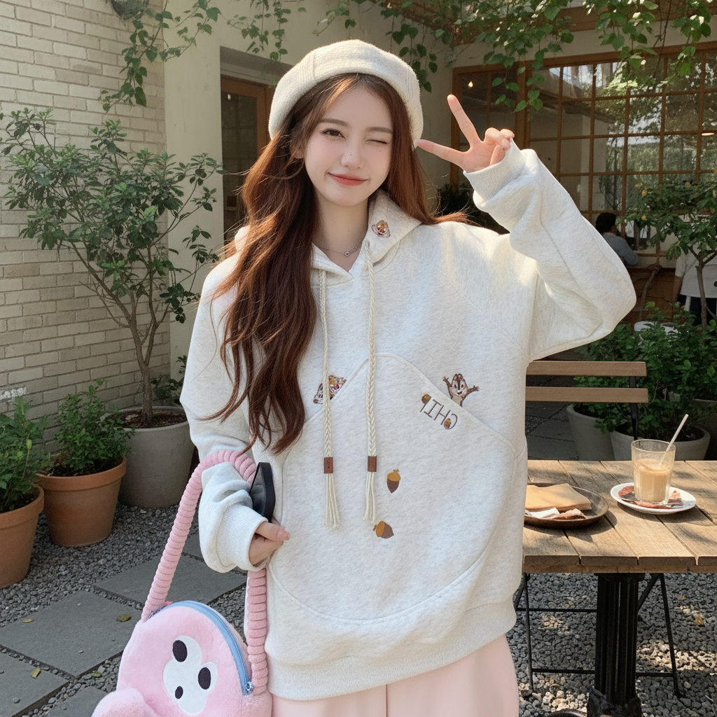特大码300斤韩版学院风卡通刺绣连帽卫衣男女2025款加绒情侣外套