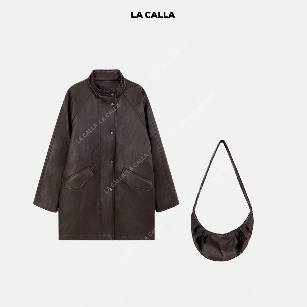 LA CALLA【拍一发二】可持续时髦翻袖廓形皮衣鸭绒服+牛角包WD25W46