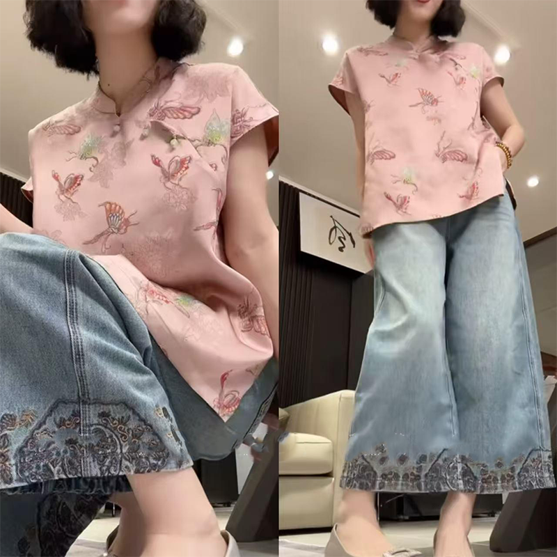 优雅国风新中式套装女2025夏季显瘦气质女士盘扣上衣阔腿裤两件套