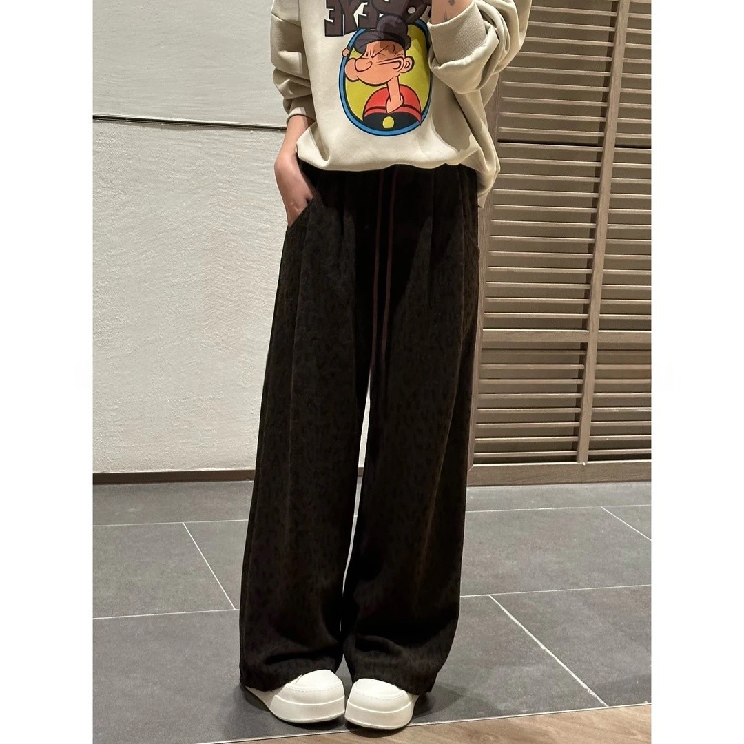 韩系洋气小众宽松垂感褶皱松紧腰阔腿抽绳豹纹休闲裤