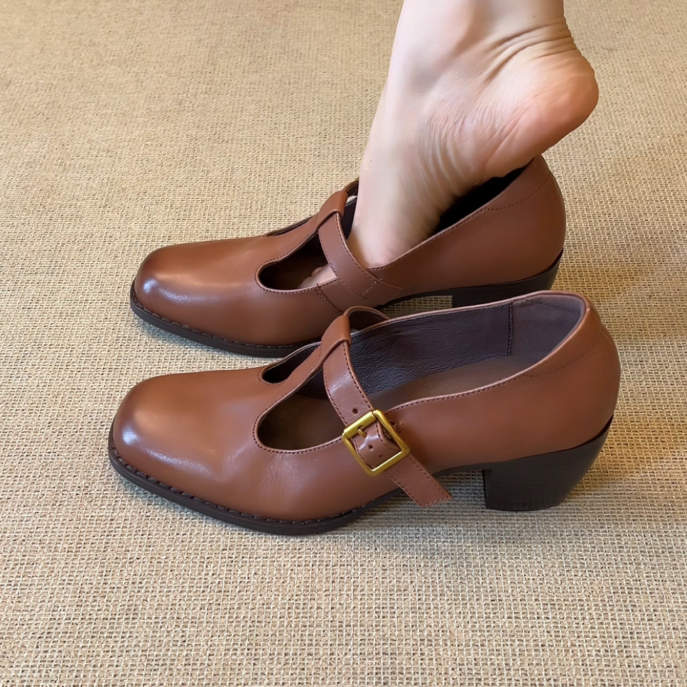 RubyL/5.5cm小个子简约复古丁字扣带方头浅口粗跟玛丽珍单鞋女款