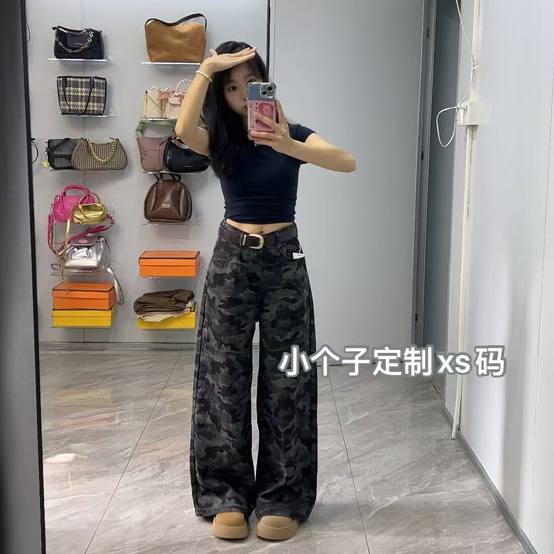 小个子145高腰宽松迷彩牛仔裤复古直筒阔腿裤休闲工装裤女xs码
