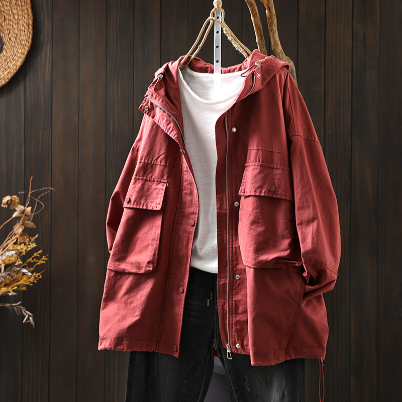 连帽大口袋工装风衣外套女中长款宽松大码春秋新韩版休闲百搭开衫